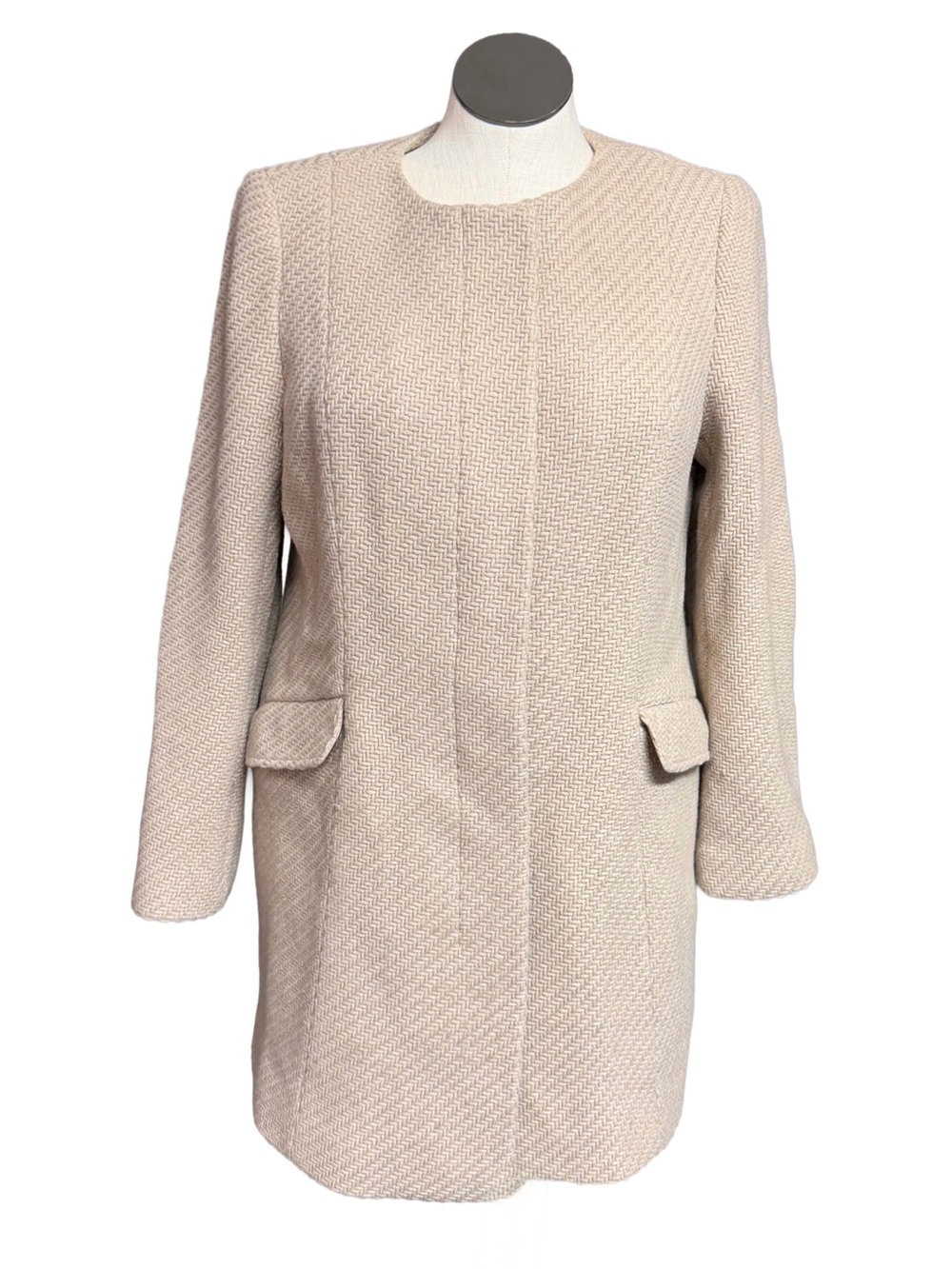 Talbots Italian Wool Collarless Long Coat Beige Size 14